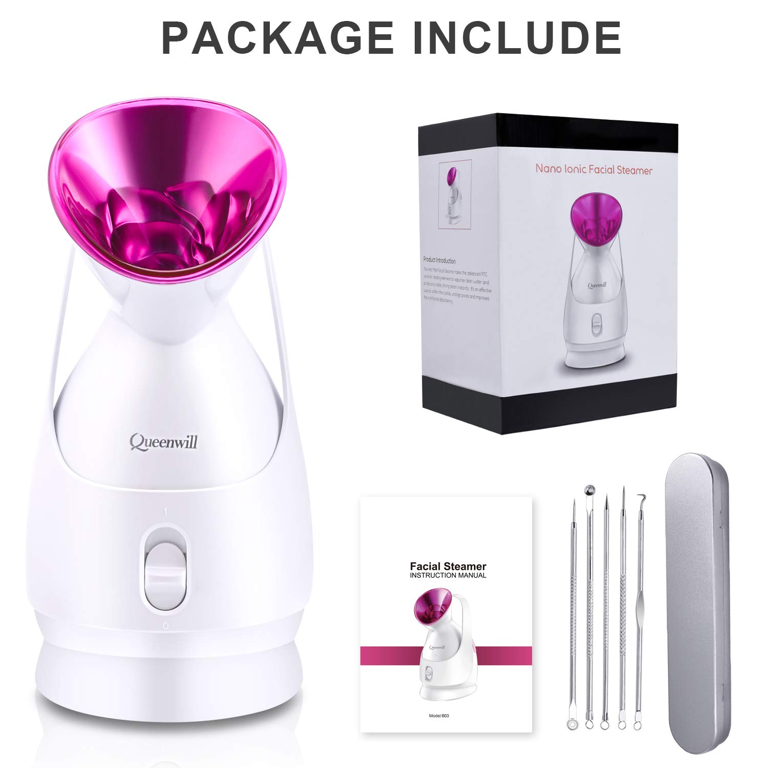 Facial Steamer, Nano Ionic Facial Steamer, Skin Warm Mist Moisturizing Face Steamer for Woman Facial Home Sauna Spa, with Free 5 Pieces Blackhead Extractor Kit: Beauty