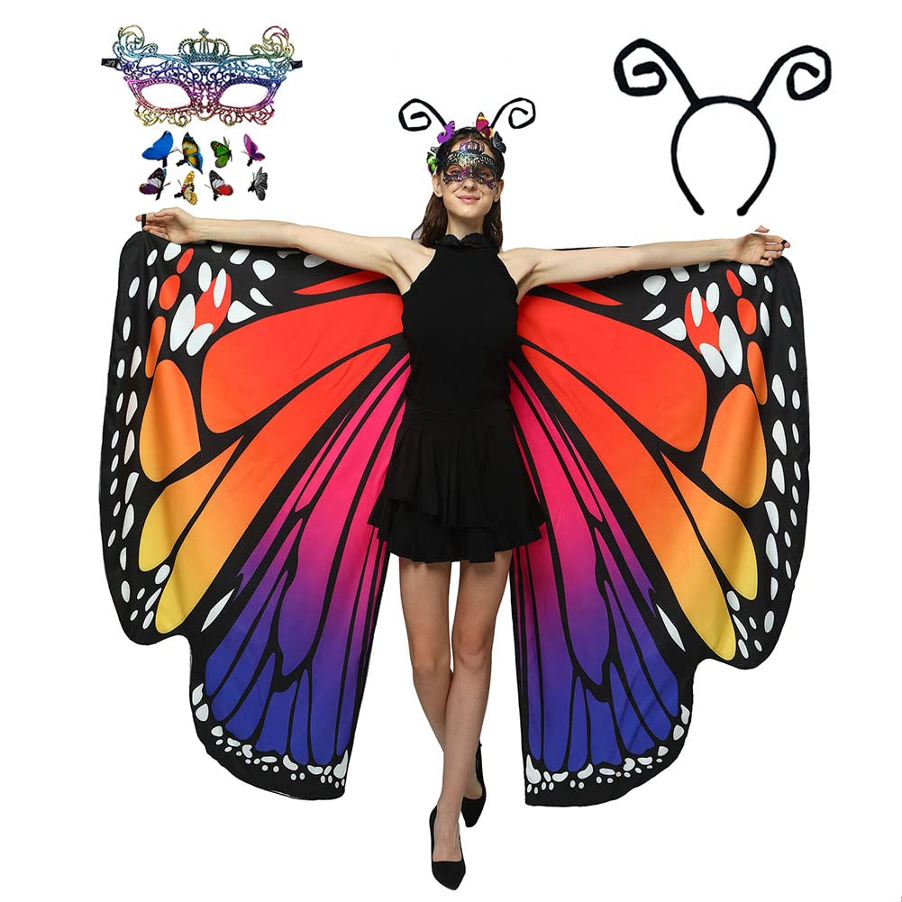 HAPNBCELE Womens Double-Sided Butterfly Wings Costume, Butterfly Cape with Lace Mask Headband Fairy Party Halloween Christmas (Orange Purple, 165 x 135cm)