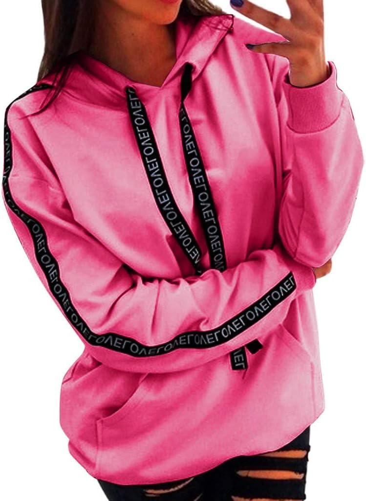 BaZhaHei Ladies Ribbon Solid Color Loose Hoodie Long Sleeve Sweatshirt Hooded Pullover Tops Plus Size Women Tops Shirt