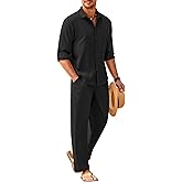 COOFANDY Mens Linen Sets 2 Piece Long Sleeve Button Down Cuban Shirt and Pants Set Summer Beach Set Outfits