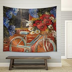 Oil Painting on Canvas - Flowers Near a Wall, Bike with a Bouquet of Flowers, Outdoor, Medieval - Fabric Wall Tapestry Home Decor - 51x60 inches