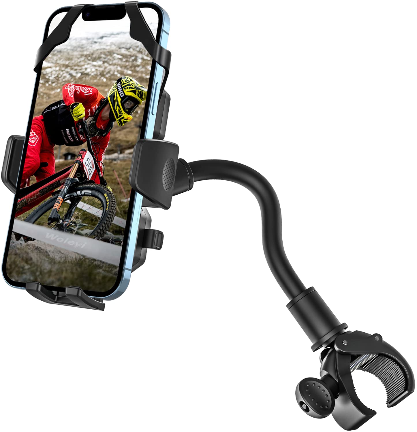 Photo 1 of woleyi Gooseneck Bike Phone Holder, Motorcycle Phone Mount - Bicycle Handlebar Cell Phone Clip for Electric Scooter, Dirt Mountain Cycling for iPhone 16 Pro Max 15 14 13 12 11, Galaxy, All Smartphones