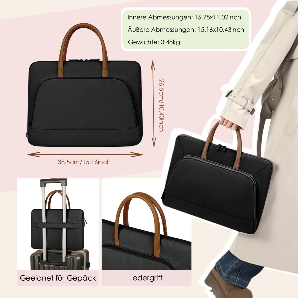 Clufar Laptoptasche 15,6 Zoll Wasserdichte Laptop Tasche 15+ Zoll Herren Business Notebooktasche Computer Tasche Laptophülle Bag Schwarz für Reisen Geschäft Black 2