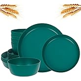 EI 12pcs Dark Green Wheat Straw Plates,Plate and Bowls Sets,Wheat Straw Dinnerware Set,Unbreakabl Plastic Plates Reusable,eMelamine Dinnerware Sets