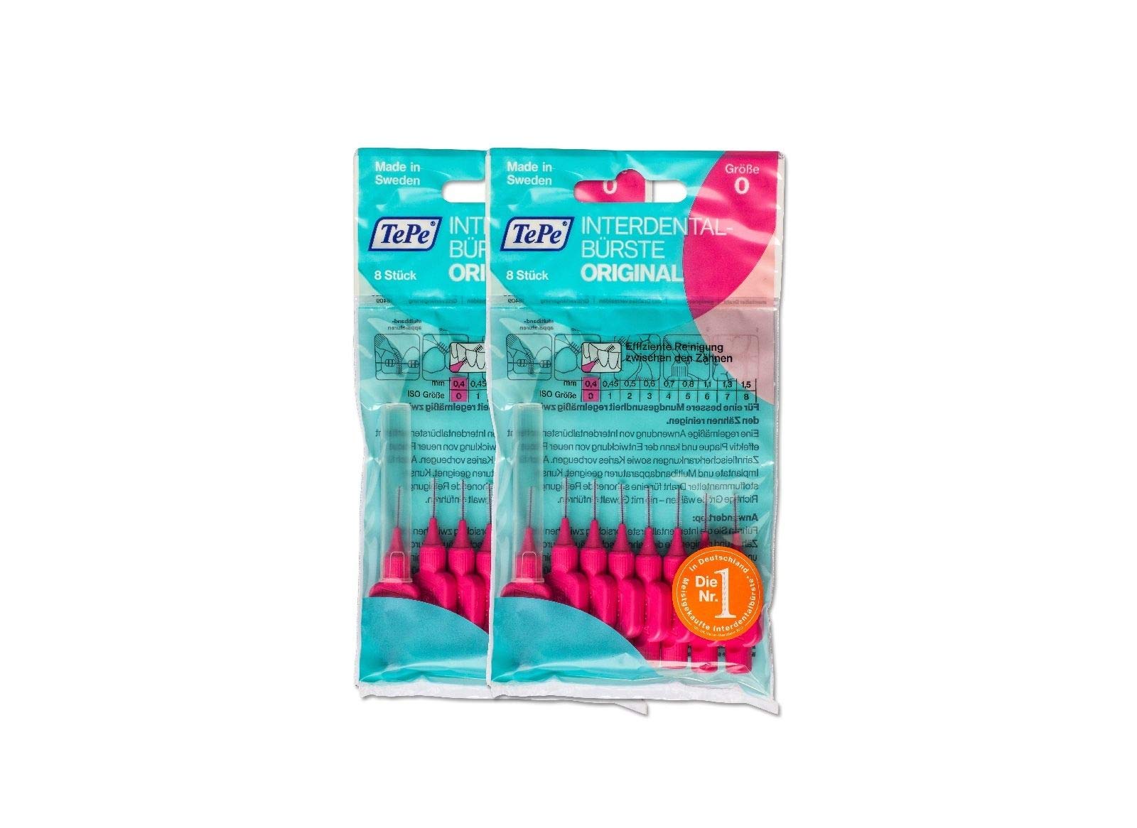 2 x TePe interdental Brushes, Pink, Original 8 Pieces, interdental Brushes, ISO0, 0.4 mm.