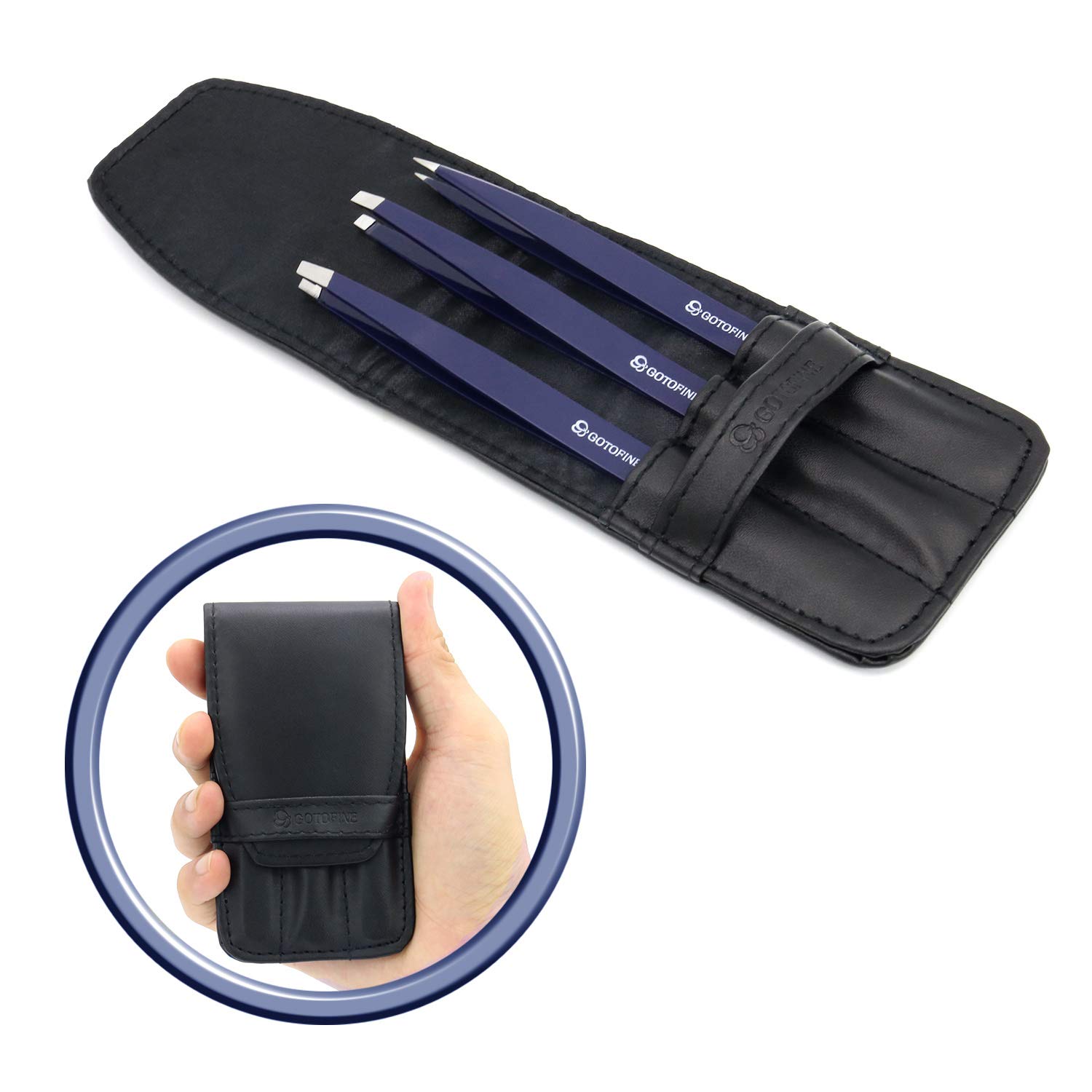 Gotofine Stainless Steel Tweezers Set of 3, Flat/Slant/Pointed, Eyebrow Plucking Strong Grip & Ultimate Precision, Includes Leather Carry Case