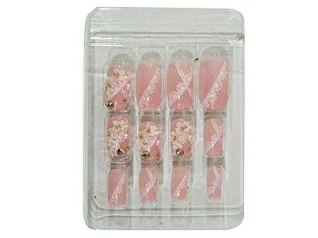 AyA Fashion Self adhesive/Pre-Glued Professional Quality Pre Designed False Nails | French Long Artificial Fake Nail | Set of 12 pcs