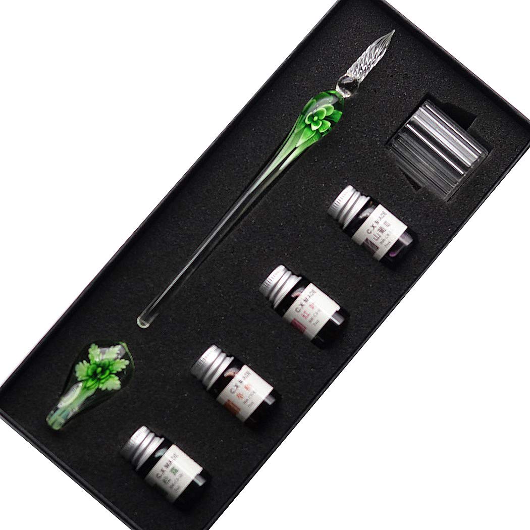 SIPLIV Handmade Crystal Glass Intarsia Dip Pen Fountain Pen Kit Calligraphy Signatures Pen with 4 Colors Ink, Pen Holder, Cleaning Cup, Green