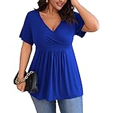 POSESHE Womens Plus Size Tops 2025 Summer Short Sleeves Tunic Tops Casual V-Neck Wrap Shirts Cute Dressy Work Blouses L-4XL
