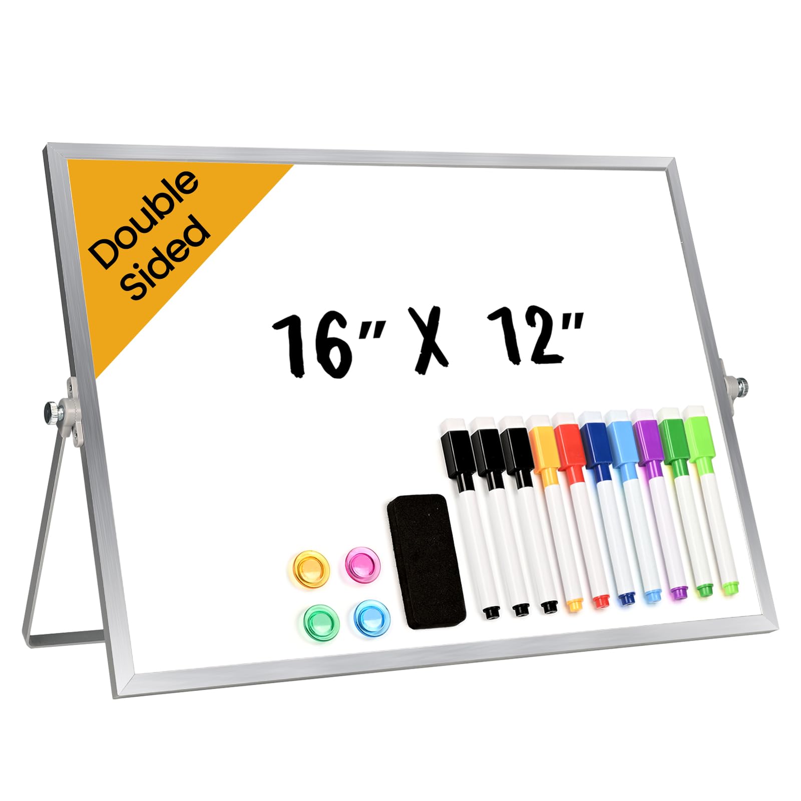 Photo 1 of Lumspax Desktop Whiteboard with Stand, 16" x 12" Double-Sided Dry Erase Board with Stand, Portable Stand White Board for Office, Home, School