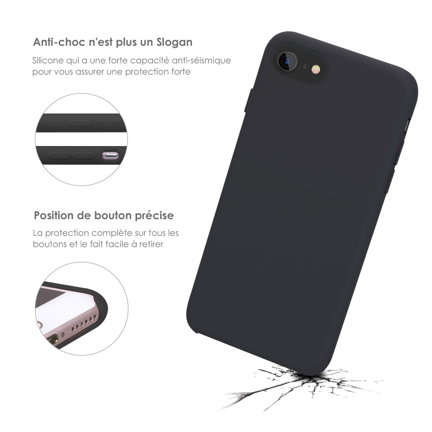 Coque iPhone 7 / 8 , JASBON Coque Silicone Liquide Anti-rayure avec Protecteur d\'écran Gratuit, Housse Protection Silicone Anti-patinage Gel Case de Style Classique pour iPhone 7 / 8 - Noir