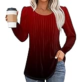 LOVESHOOT Womens Long Sleeve Blouse Fall Dressy Casual Pleated Crew Neck Shirts Floral Bohemian Tunic Tops