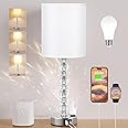 Acaxin Touch Bedside Crystal Lamps for Bedrooms Nightstand with USB C+A Charging Port and AC Outlet White, 3 Way Dimmable Silver Large End Side Table Lamp for Living/Guest/Dinning Room/Kitchen