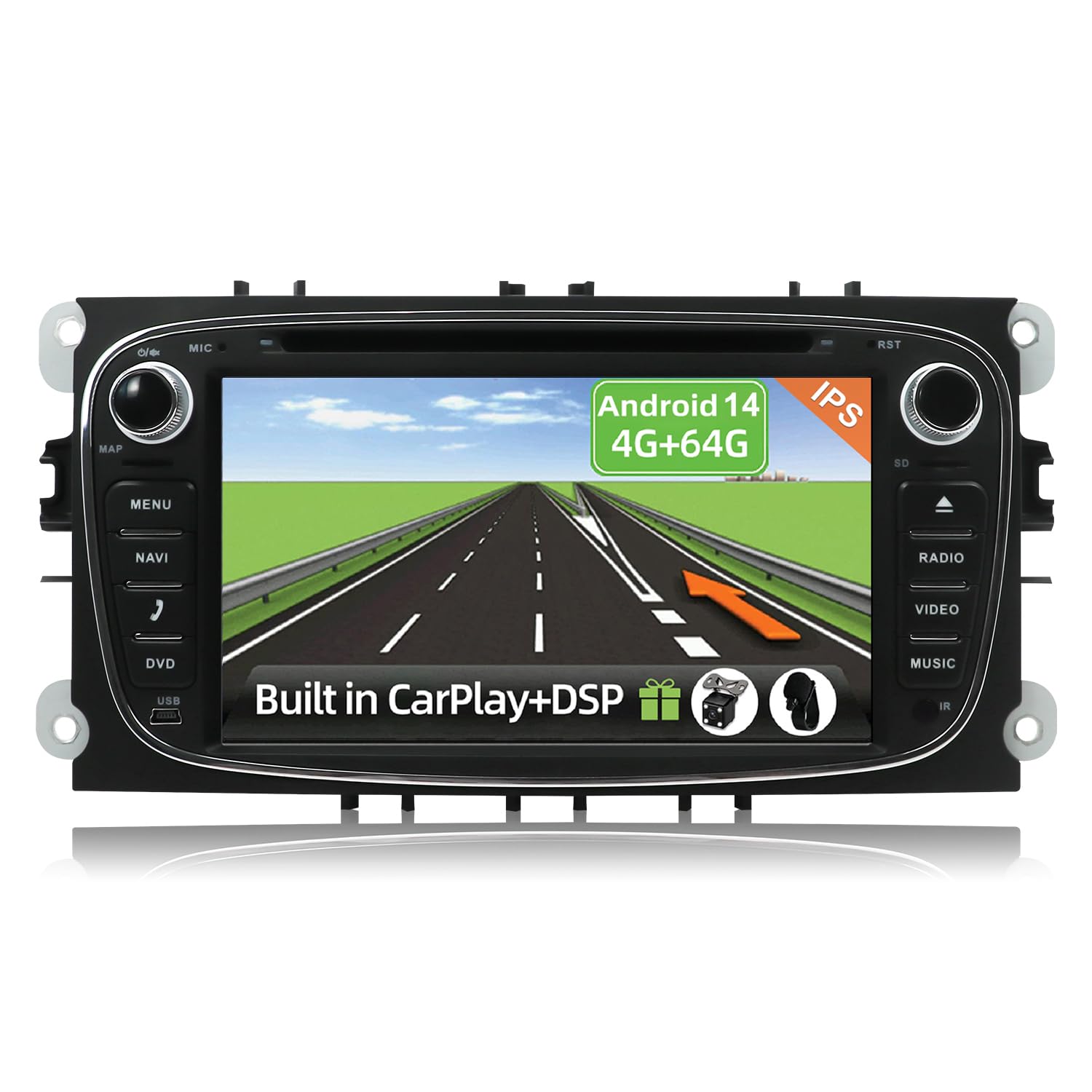 YUNTX PX6 Android 14 Car Stereo Fit for Ford Focus/Mondeo/Galaxy/S-max - [4G+64G] - GPS 2 Din - Head Unit with Free Rear Camera - Support DAB+/DVD/Carplay/Mirrorlink/USB/WiFi/Steering wheel control