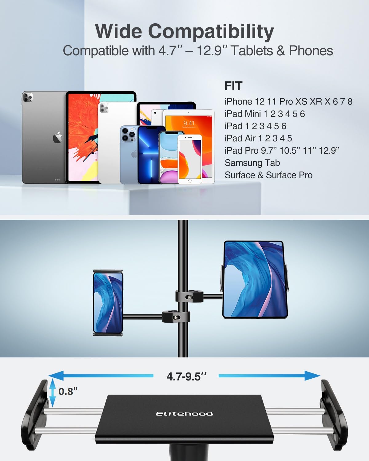 elitehood Aluminum iPad Holder for Mic Stand, Side Mount iPad Music Stand Holder for Microphone, 360° Swivel Tilt Adjustable Mic Tablet Mount for 4-13in iPhone, Cell Phones and Tablets