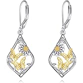 Butterfly/Dragonfly/Hummingbird Earrings Sterling Silver Daisy Drop Dangle Earrings Leverback Teardrop Jewelry Gifts for Women