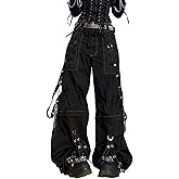 Kodaruber Women Vintage Goth Hip Hop Jeans Punk High Waisted Baggy Bootcut Jeans Strap Chain Striped Wide Leg Denim Pants