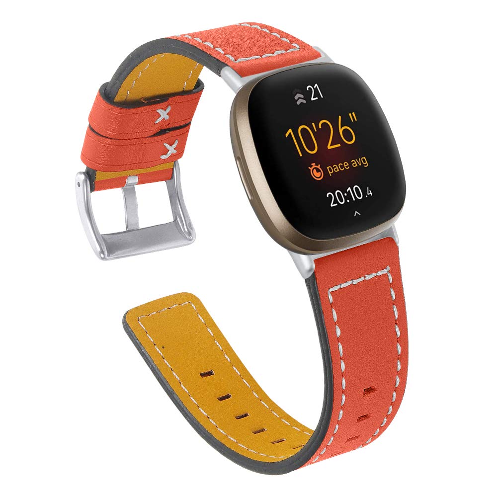 TenCloud Straps Compatible with Fitbit Versa 3/Sense Strap, Replacement Leather Band Wristband for Fitbit Sense/Versa 3 Smartwatch Women Men (Orange)