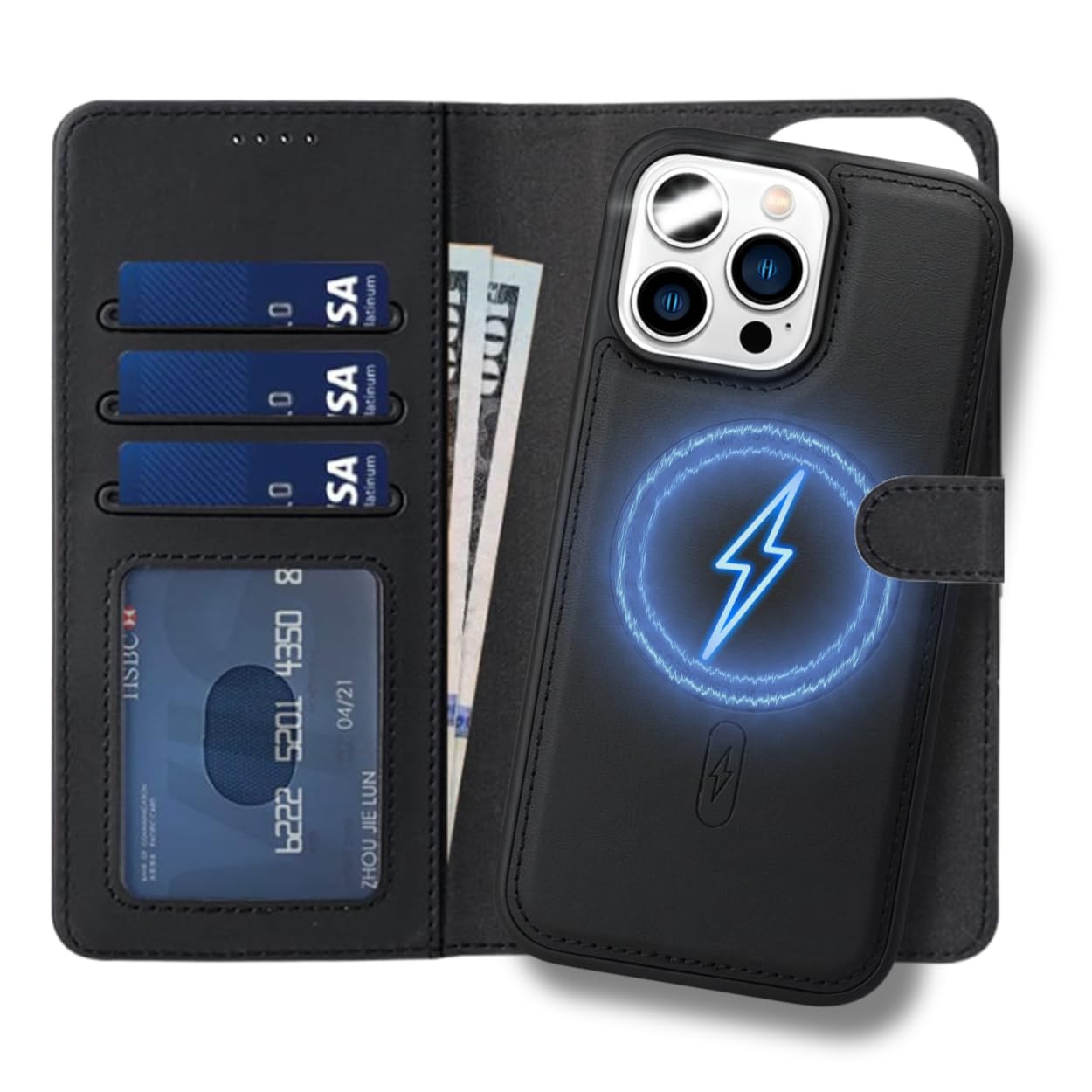 TYPEDX For iPhone 16 Plus Wallet Case, 2-in-1 Detachable, Shockproof Protective PU Leather Flip Folio Book Cover, Card Slots Kickstand Magnetic Closure Compatible with MagSafe Wireless Charging Black