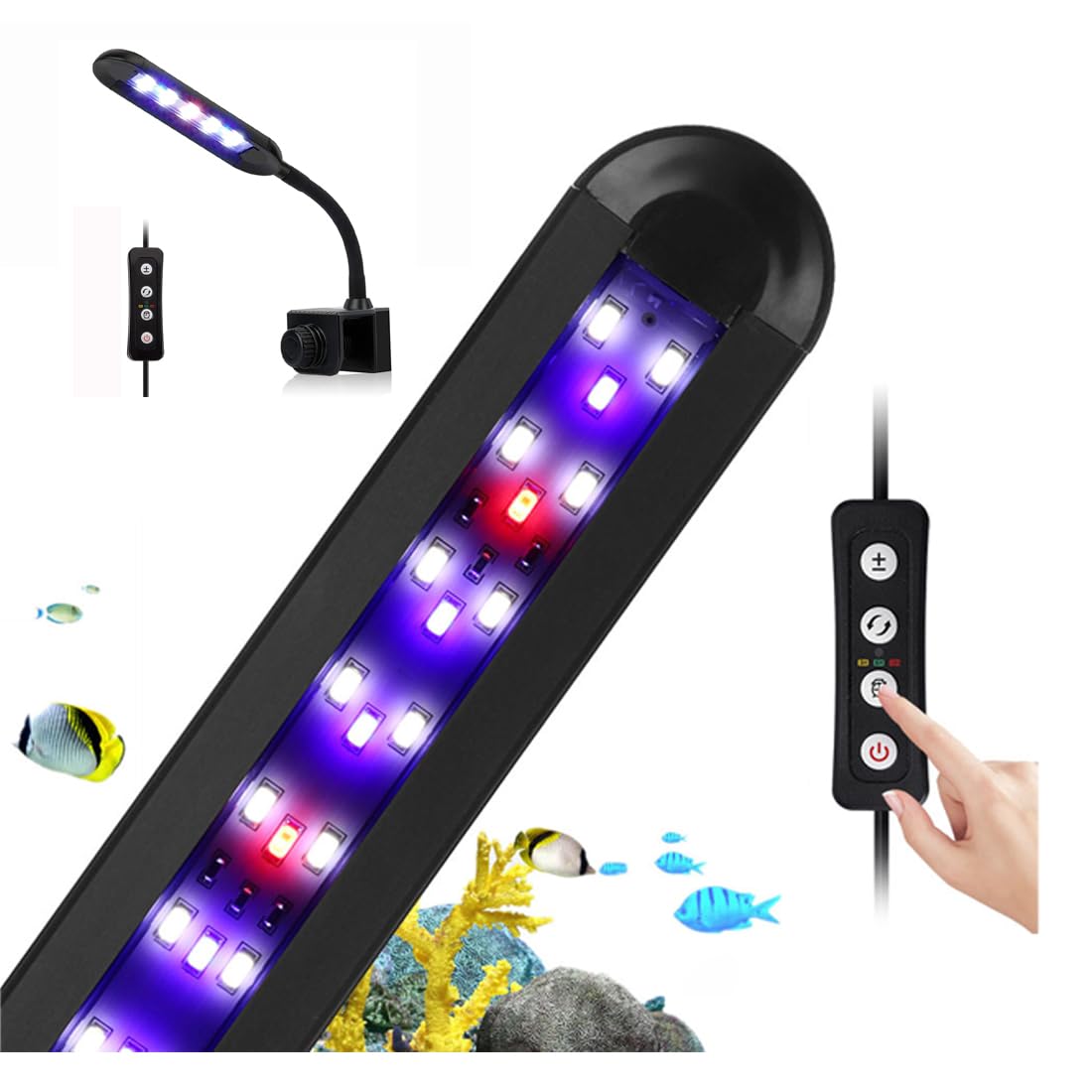 OsAtNb Aquarium Clip Light UK Adapter Nano Aquarium Light Full-Spectrum 3 Modes 5 Brightness Dimmable,Timing Function Flexible Gooseneck White+Red+Blue LED Fish Tank Clip on Light (6W)