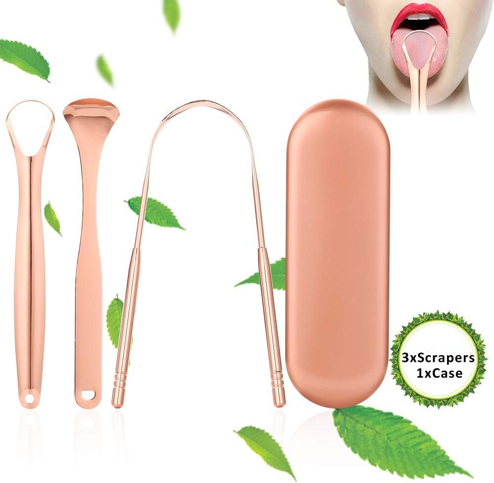 FILOWA Tongue Cleaner Scraper Stainless Steel Tongue Brush Dental Care Kit Set Cure Bad Breath Bacteria Medical Grade Gold Rustproof 100% BPA Free Tongue Cleaners for Adults, Kids, Men & Women-3 Pack