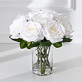BLEUM CADE Luxury PU Fake Flowers in Vase with Faux Water, White Real Touch Roses Artificial Flowers with Glass Vase for Office Home Dining Room Centerpiece Table Decorations