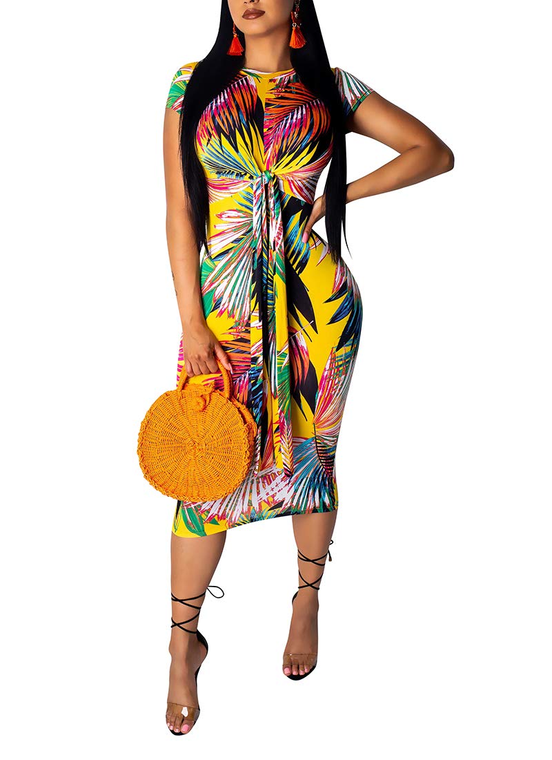 Floral Bodycon Dress for Women, O Neck Pullover Short Sleeve Casual Summer Dresses with Tie Bow Rainbow1 L