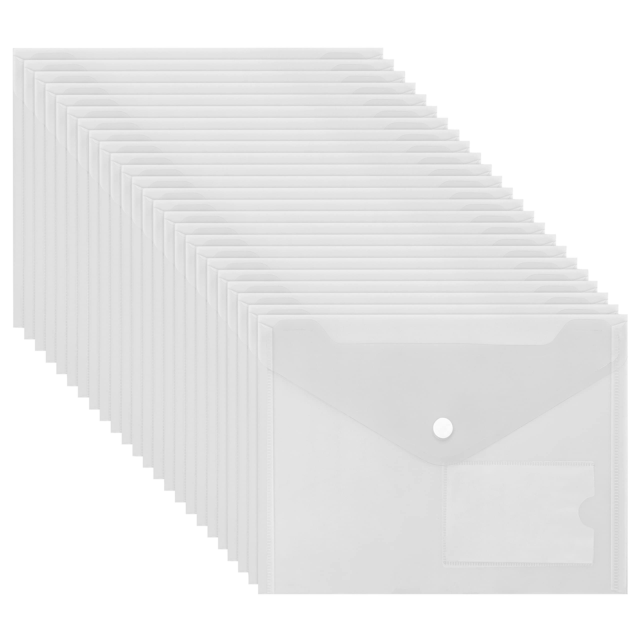 Belle Vous A5 Clear Plastic Wallets (24 Pack) - Poly File Wallet with Button Popper Closure & Card Label Pocket - Home, Office & School Organisation - Paperwork, Document, Receipt & Envelope Folder