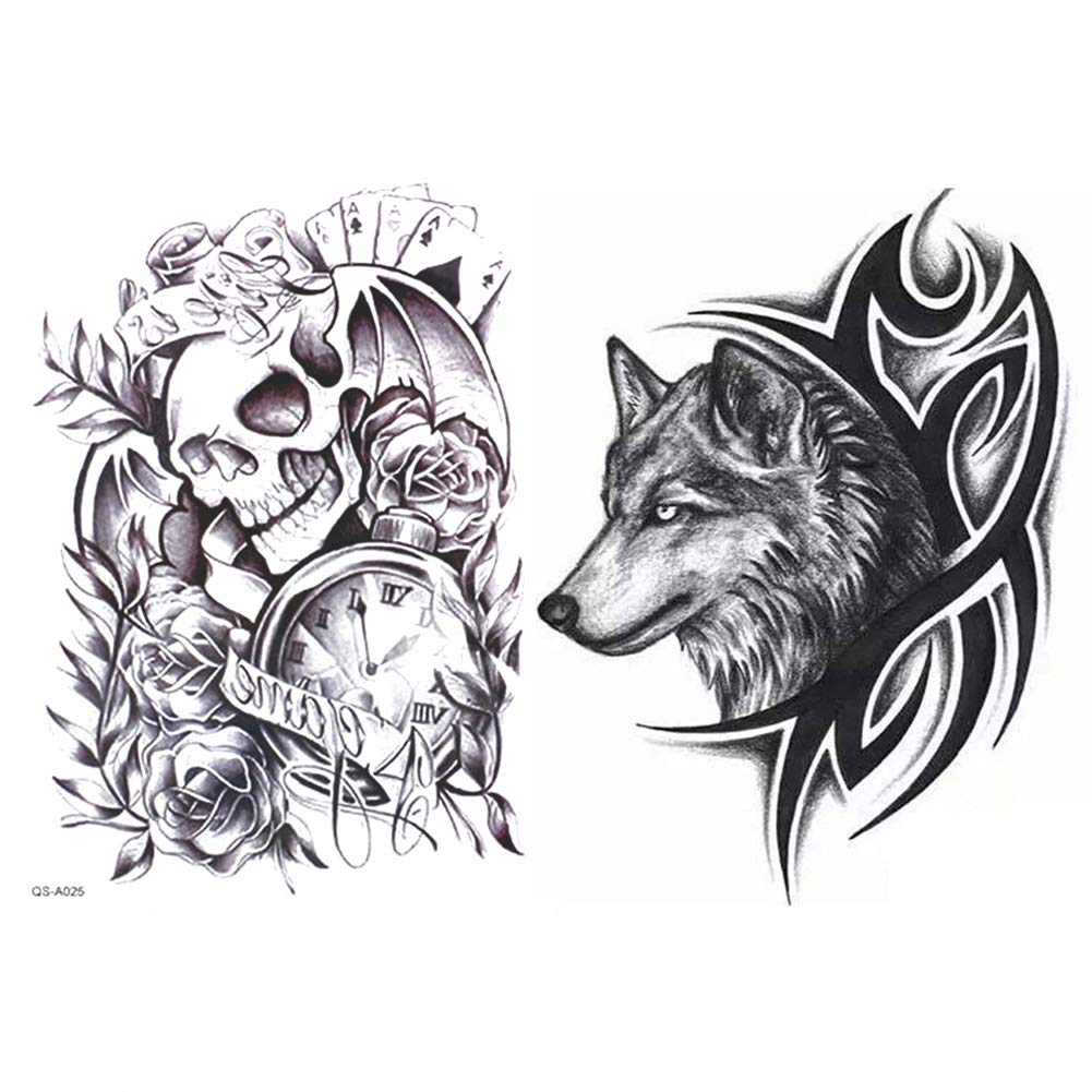 Amazon Com 6 Sheets Large Temporary Tattoos Dead Skull Wolf Head Waterproof Body Arm Shoulder Back Art Tattoo Stickers Removable Environment Friendly And No Skin Irritation Beauty