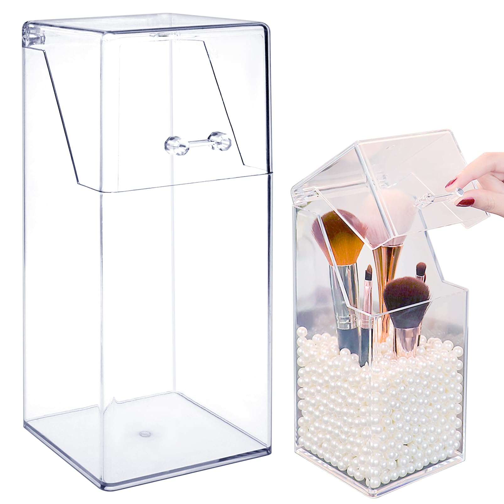 LTHERMELK Makeup Brush Holder, Acrylic Cosmetic Organiser Storage Box, Transparent Makeup Brush Organiser with Dustproof Lid Square Jewellery Storager for Dresser, Bedroom, Bathroom