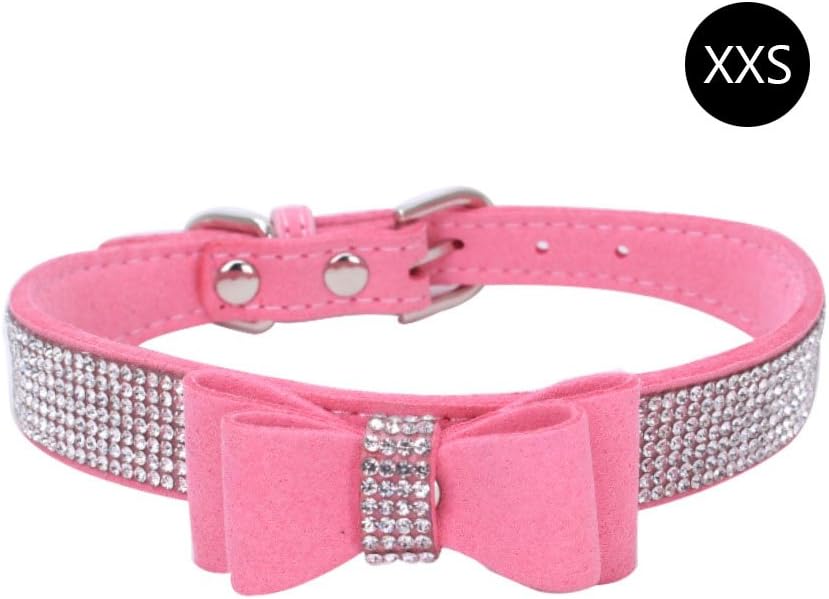 HOBOYER Pet Collars,CTGVH Rhinestone Fibre Leather Bow Dog Cat Collar,Sparkly Diamond Dog Chain Adjustable Pet Collar for Small Medium Large Dogs[XXS] (pink)