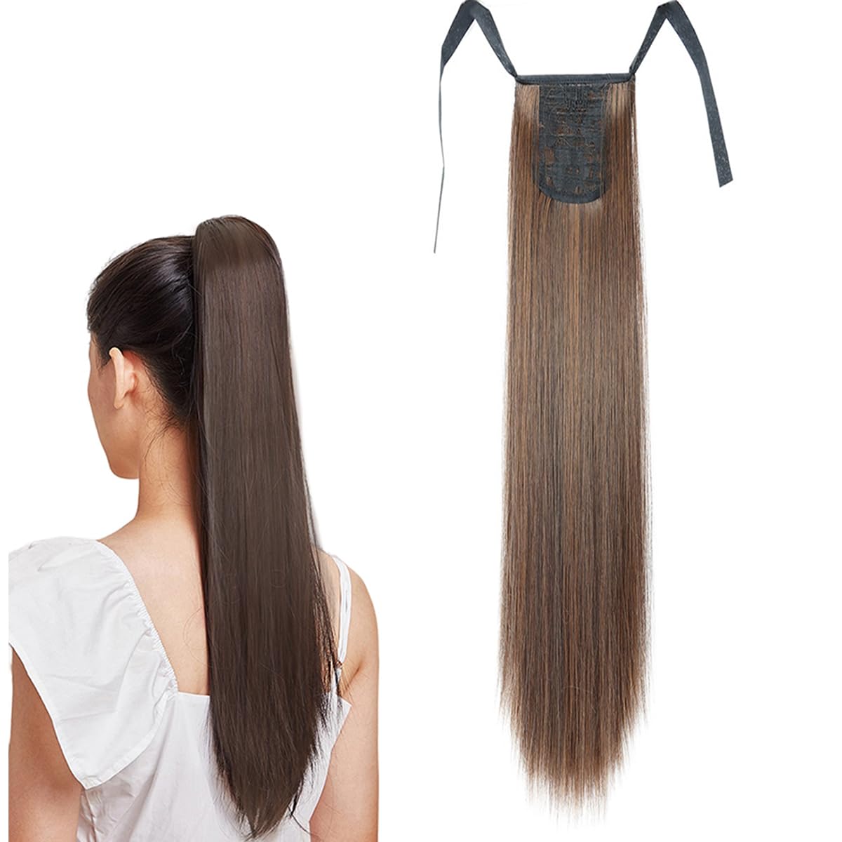 prinfantasy Ponytail Hair Extensions Wrap Around Long Corn Straight Hairpiece High Temperature Synthetic Hair Extensions for Women Ombre Brown Hiar Piece,GBMW046