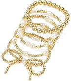 Gold Bow Beaded Bracelet Set for Women Stackable Bow Pearl Bracelets Fashion Stretch Bracelet Adjustable Charm Bracelets Stackable Beaded Chain Set for Her