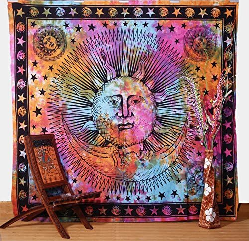 Tie Dyed Sun and Moon Tapestry, Hippy Wall Hanging, Hippie Bed Cover, Decorated Throw ,Table Cover, and Curtain.