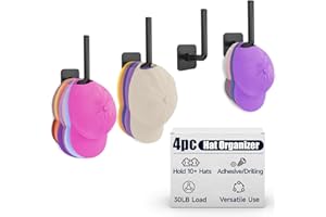 Lydia's Deal 4 Pack Hat Rack for Wall - Hat Organizer for Baseball Caps with Adhesive/Drilling, Multi-Purpose Wall Organizer Hooks for Closet, Door, Bedroom, Hat Storage Holder (Black, 5 in)