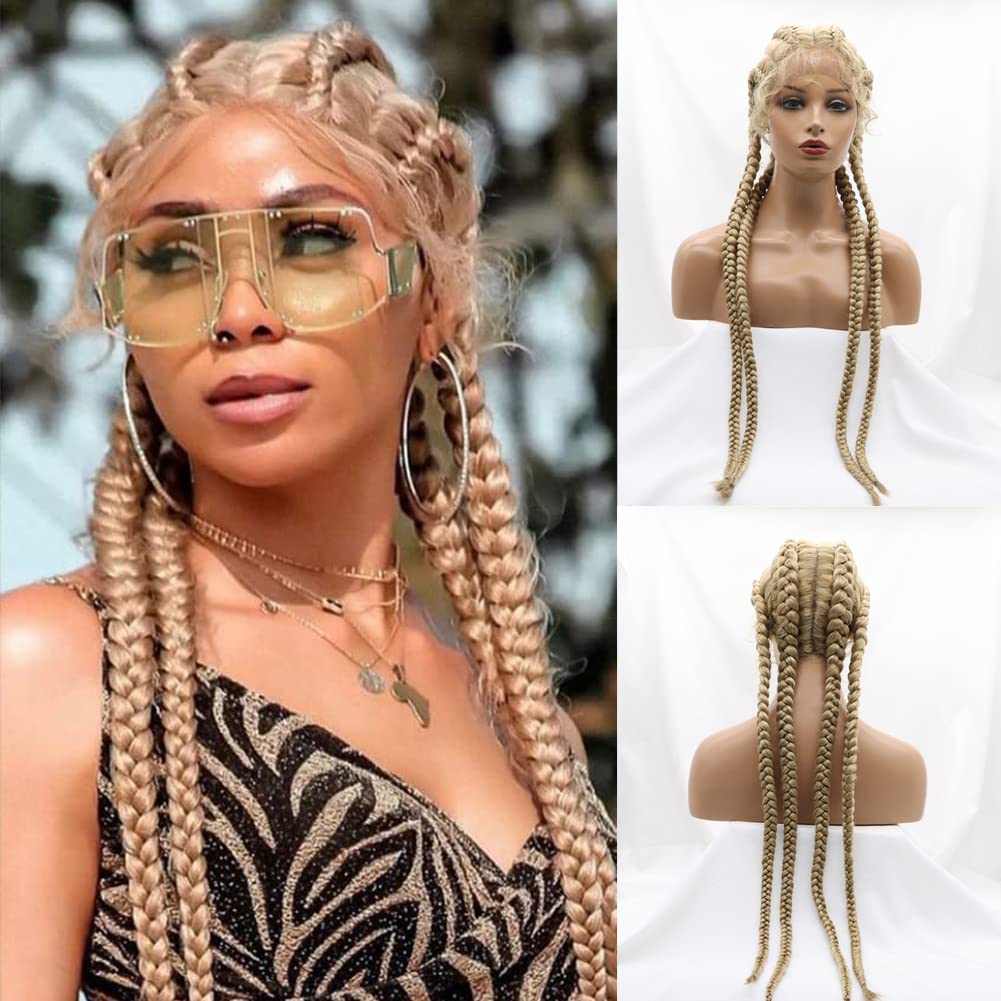 AFBeauty 30Inch Blonde Braided Wig for Women Synthetic Lace Front Braided Wig Handmade 613 Blonde 4 Twist Braiding Hair Wig Afro Braided Party Makeup