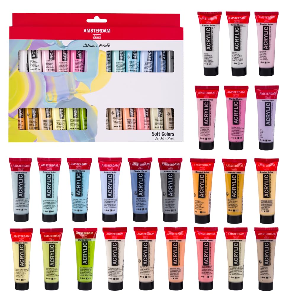 Amsterdam Standard Series Acrylic Paint Soft Colors Set, 24 x 20 ml - Pastel palette, lightfast pigments, odorless water-based, suitable for various surfaces, 100% recyclable packaging