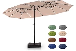 GREEN PARTY 15 ft Rectangle Patio Umbrella with Solar Lights and Base Included, Double-Sided Market Table Umbrella with Crank, Large Outdoor Umbrellas for Patio Poolside Garden Backyard, Beige