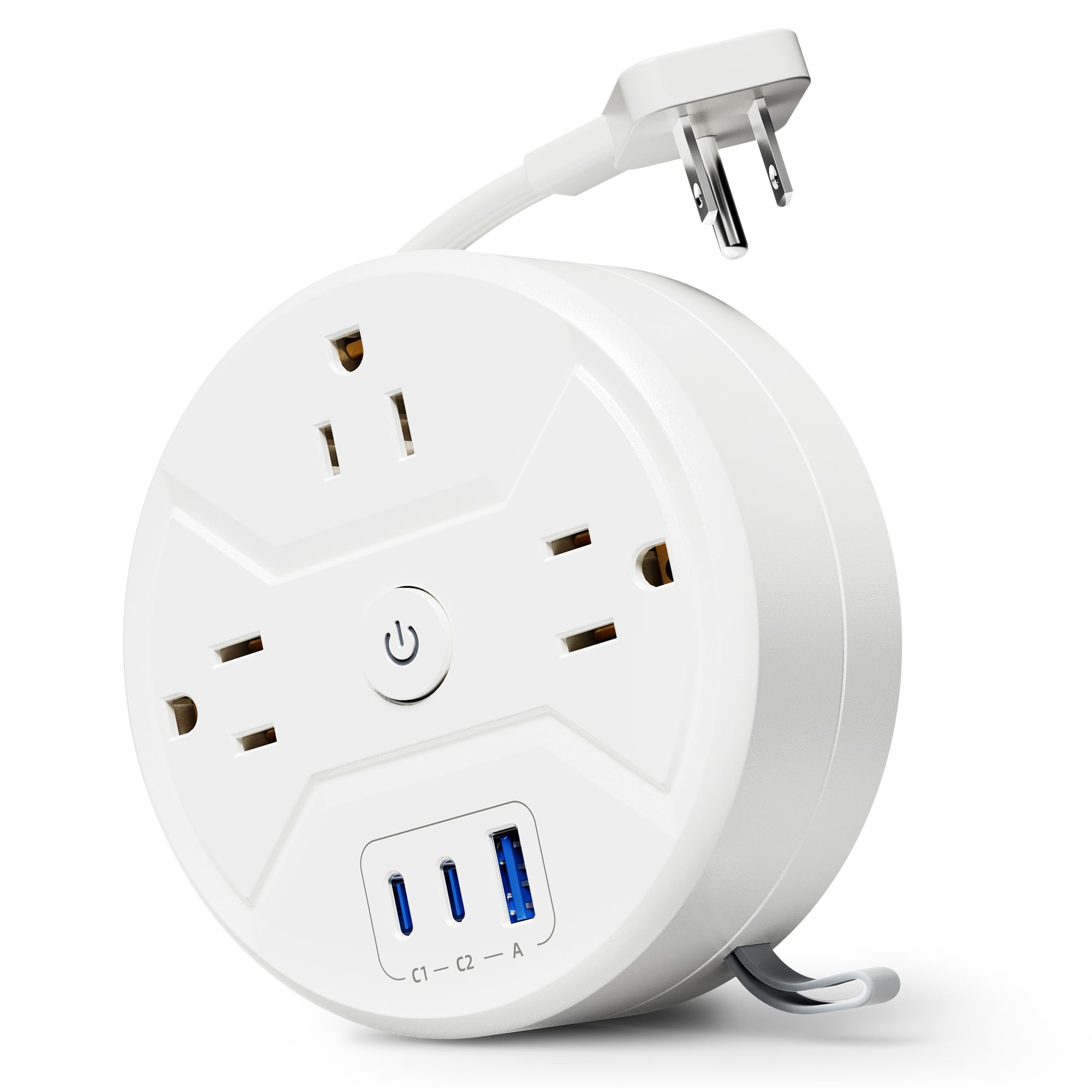 Photo 1 of PD 20W C Travel Power Strip, SUPERDANNY 5ft Retractable Extension Cord Fast Charging Station, Portable 3-AC & 3-USB Flat Plug Extension Cord for Home Office, Business Travel, Trip, Cruise, White