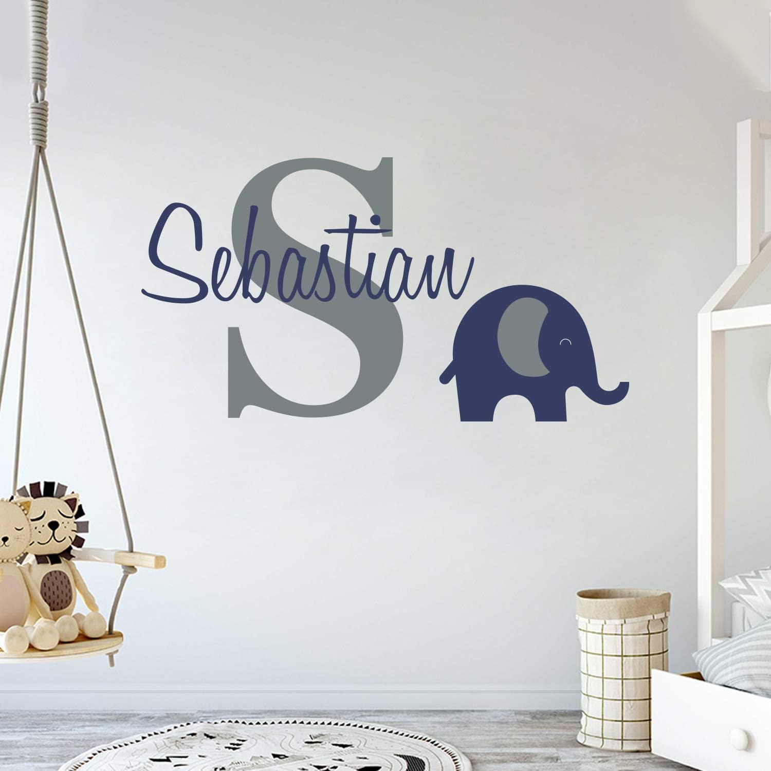 Personalized Name Elephant Animal Series - Baby Boy - Wall Decal Nursery for Home Bedroom Children (Wide 22"x12" Height)