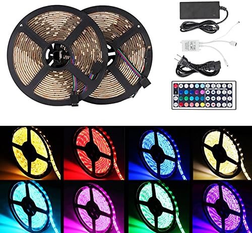 xtf2015 Led Light Strip Kit 10M/32.8ft SMD 5050 300leds RGB Strip lights, Waterproof LED Tape Lights with 44key Remote Controller and 6A Power Supply for Home Kitchen Bedroom and Cabinet