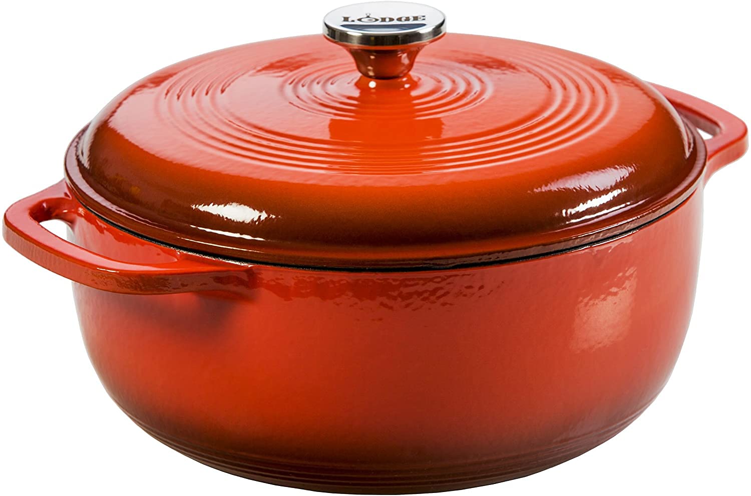 Lodge 7.5 Quart Enameled Cast Iron Dutch Oven with Lid – Dual Handles – Oven Safe up to 500° F or on Stovetop – Use to Marinate, Cook, Bake, Refrigerate and Serve – Poppy
