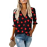 Decogiver Valentines Blouse Womens Dressy V Neck Puff Sleeve Red Love Hearts Tops Holiday Blouses
