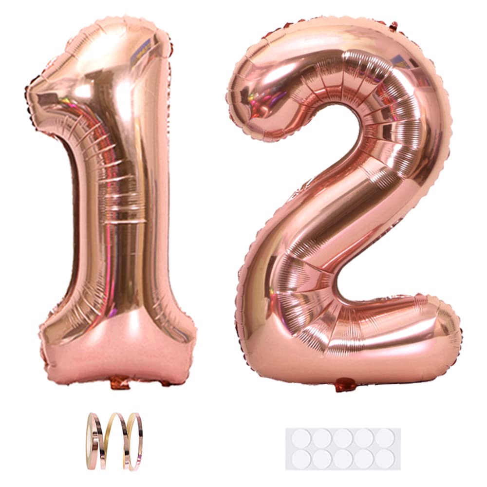 Xihuimay Number 12 Balloons - 40 inch Digital Balloons with Rose Gold Numbers for Birthday Party, Wedding, Bachelorette & Bridal Shower