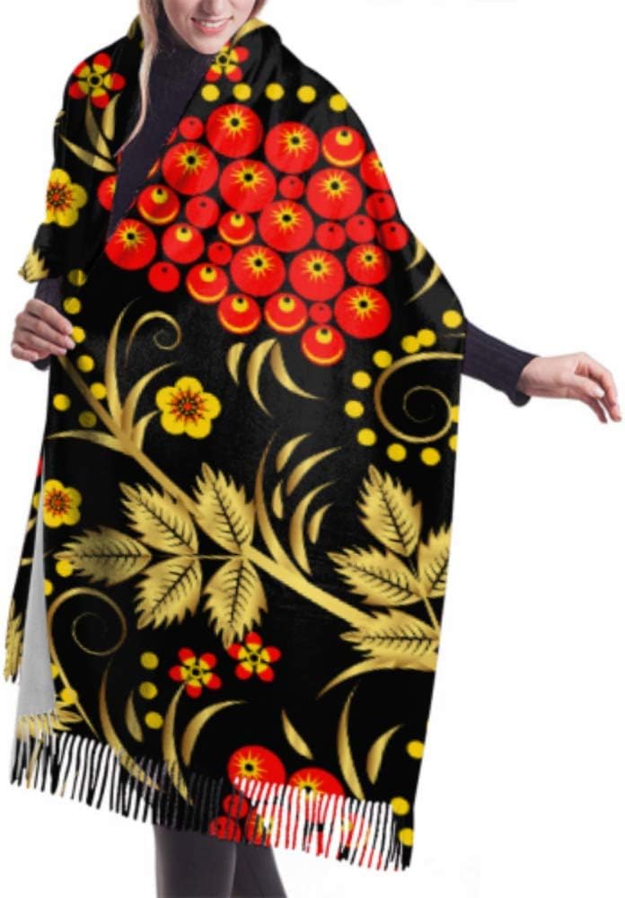 Womens Winter Scarf Cashmere Feel Traditional Russian Khokhloma Scarves Stylish Shawl Wraps Soft Warm Blanket Scarves For Women