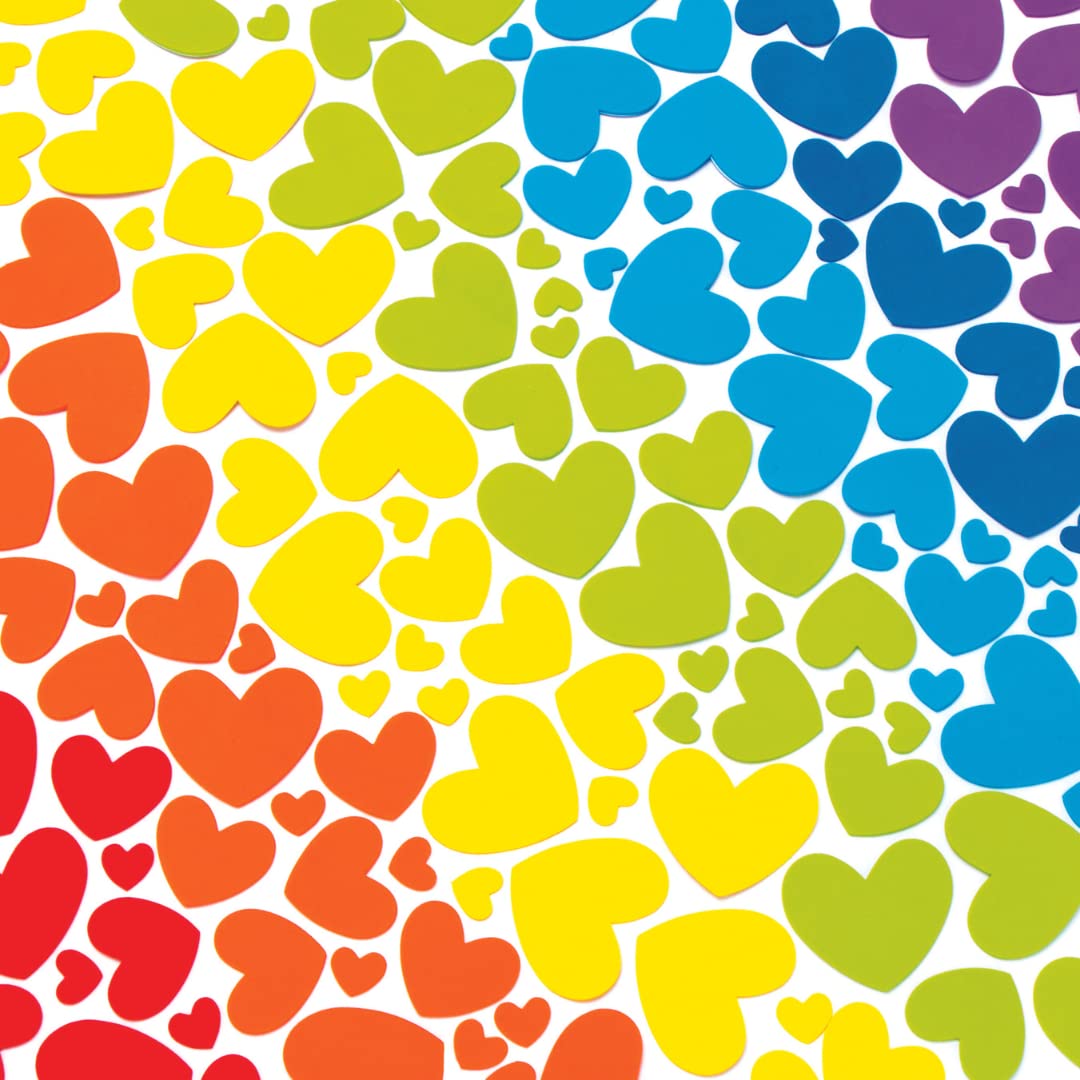 Baker Ross AX686 Rainbow Heart Stickers - Pack of 210, Foam Self-Adhesives, Perfect for Children to Decorate Collages and Crafts, Ideal for Schools, Craft Groups, Party Crafting, Home