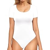 MANGOPOP Double Lined Short Sleeve Bodysuits for Women Scoop Neck Thong Bodysuit Tops Seamless, Short Sleeve White, Small