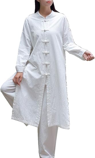 Amazon 上海物語 綿麻 チュニック レディース ワンピース ロング丈 長袖 薄手 春夏秋 コート チャイナボタン ゆったり おしゃれ カジュアル 上着 女性 ホワイト ワンピース チュニック 通販