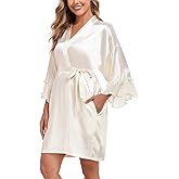 Women's Short Satin Robes Lightweight Kimono Bathrobe Ruffle Hem Bride Bridesmaids Wedding Party Sleepwear