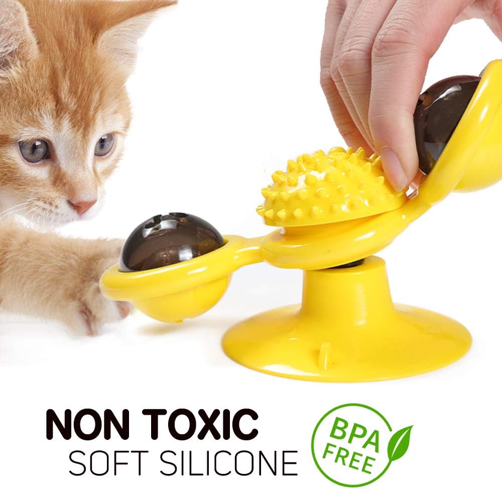 EJG Cat Interactive Rotate Windmill with Carnip and LED Light, self-Groomer Toothbrush Scratcher Games Home Training pet Toy Stress Anxiety Relief (Yellow) : Pet Supplies